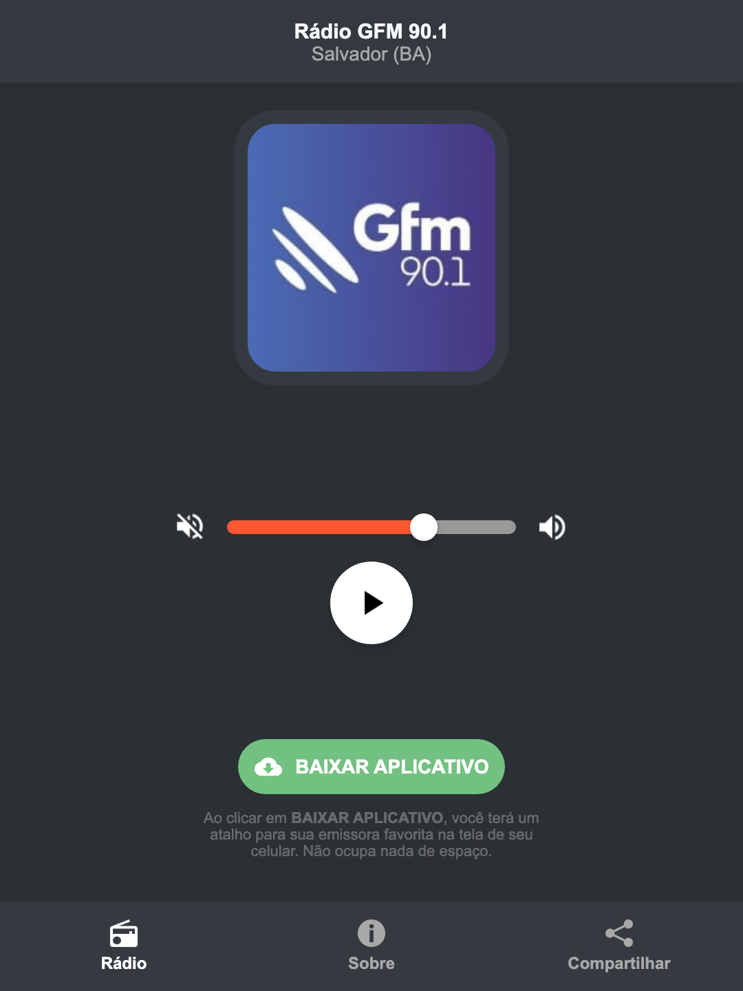 Screenshot do aplicativo da Rádio GFM 90.1