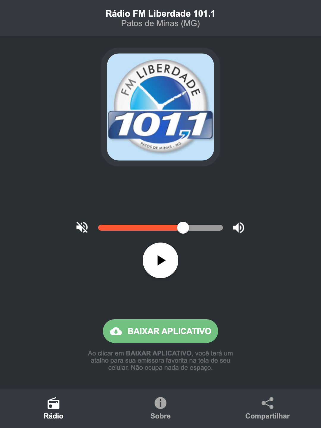 Screenshot do aplicativo da Rádio FM Liberdade 101.1