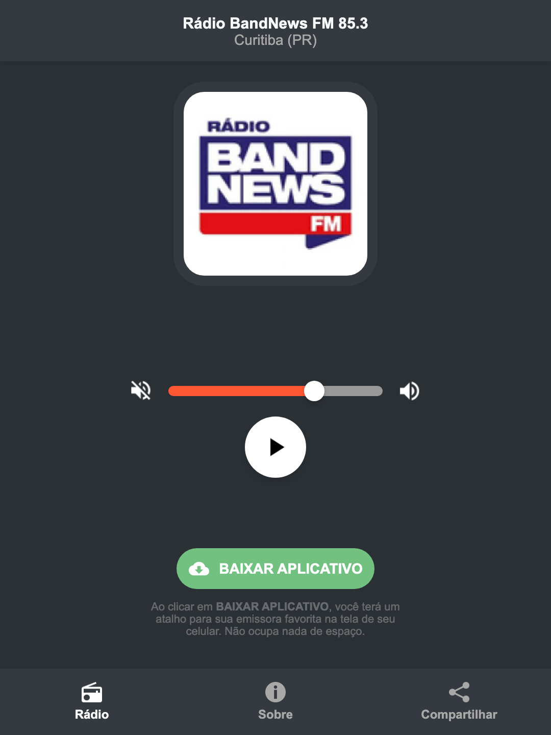 Screenshot do aplicativo da Rádio BandNews FM 85.3
