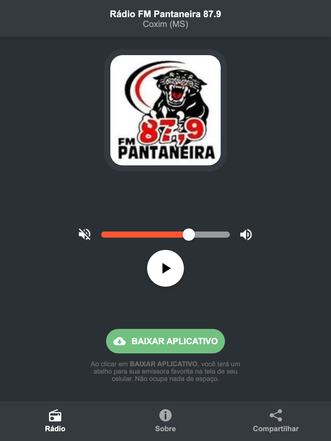 Screenshot do aplicativo da Rádio FM Pantaneira 87.9