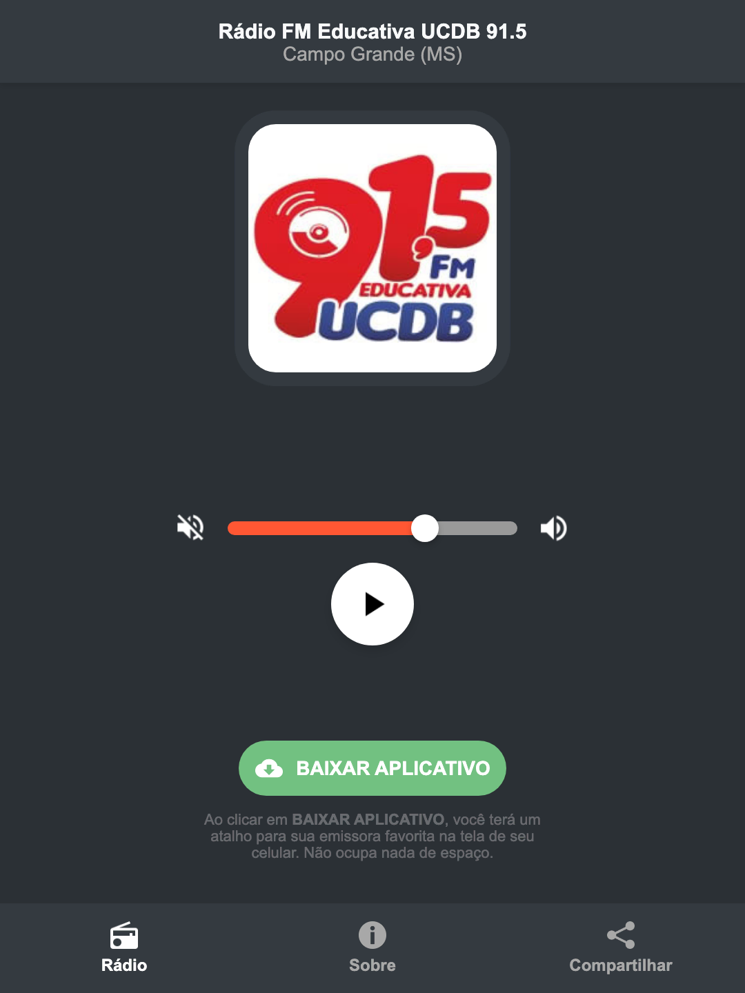 Screenshot do aplicativo da Rádio FM Educativa UCDB 91.5