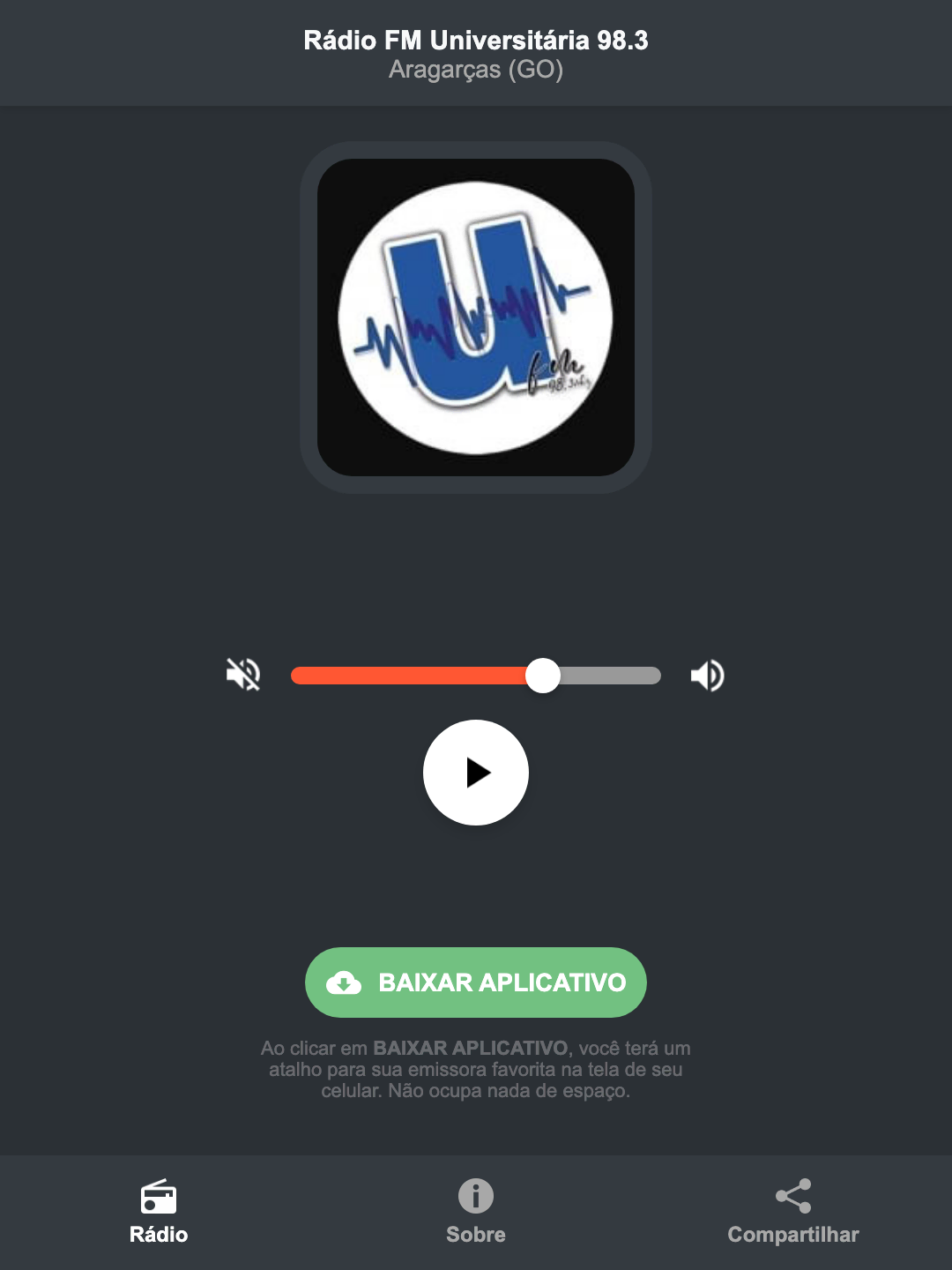 Screenshot do aplicativo da Rádio FM Universitária 98.3