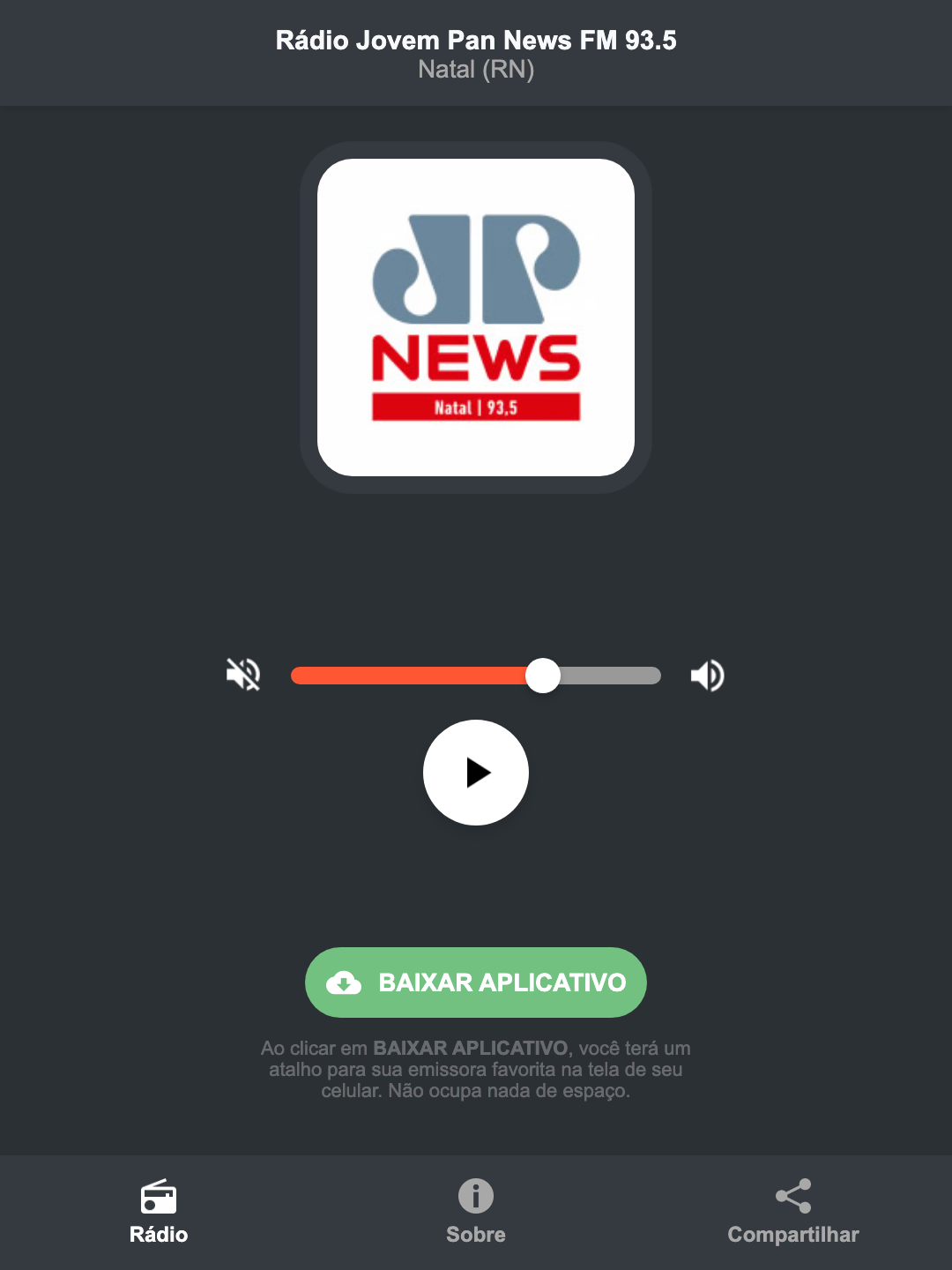 Screenshot do aplicativo da Rádio Jovem Pan News FM 93.5