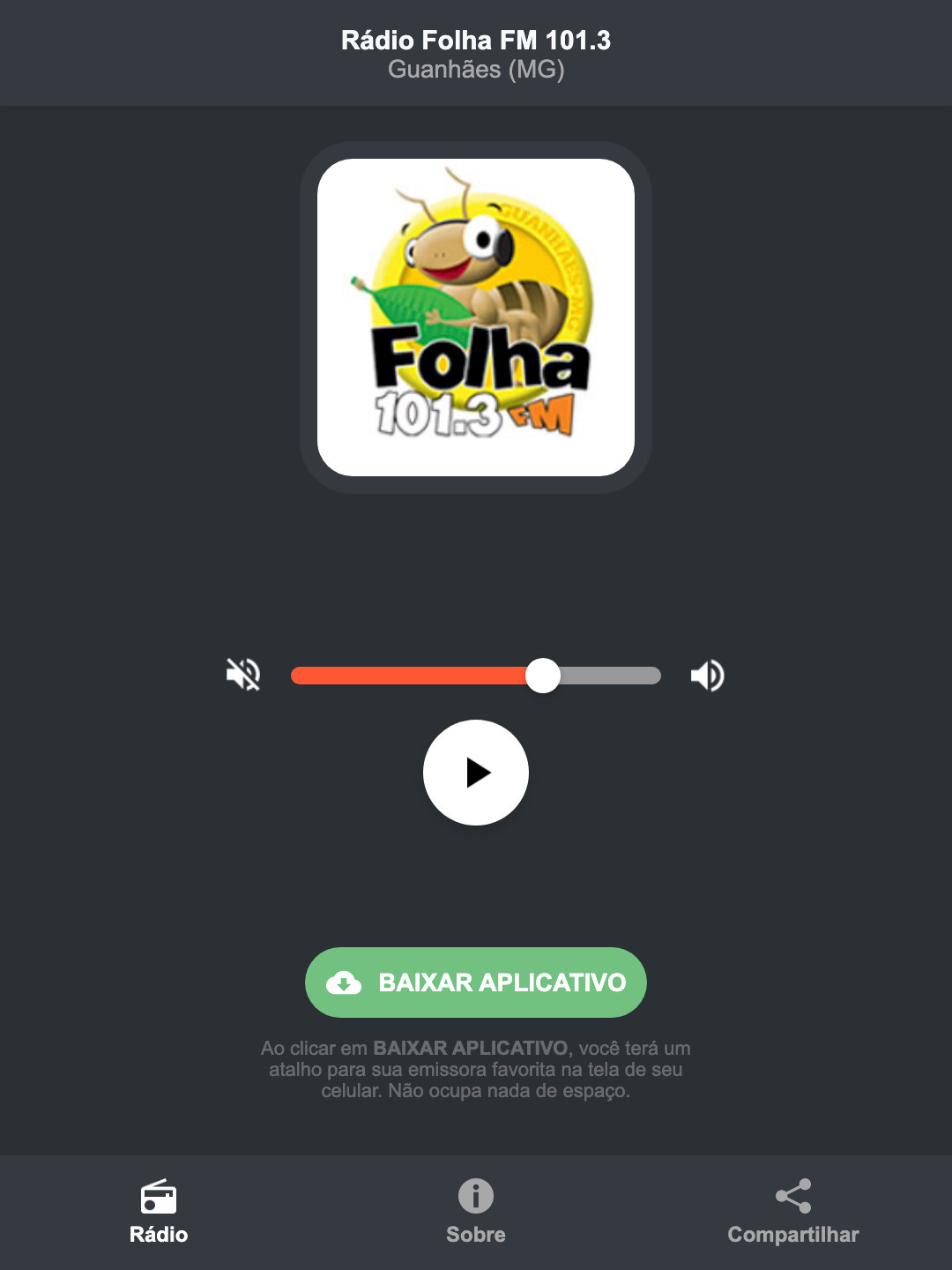 Screenshot do aplicativo da Rádio Folha FM 101.3