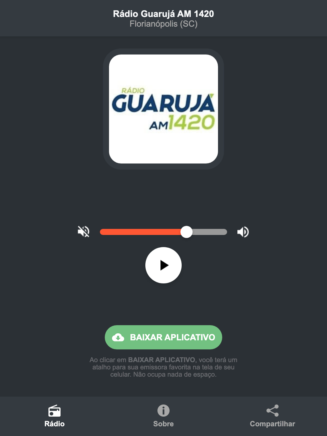 Screenshot do aplicativo da Rádio Guarujá AM 1420