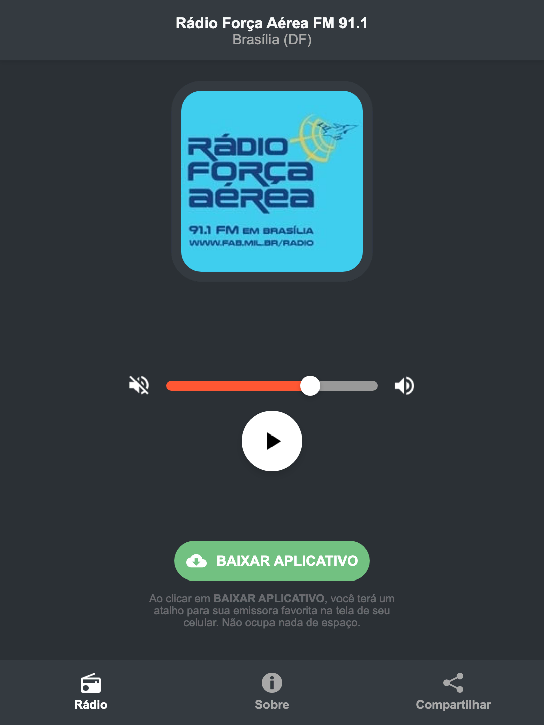 Screenshot do aplicativo da Rádio Força Aérea FM 91.1