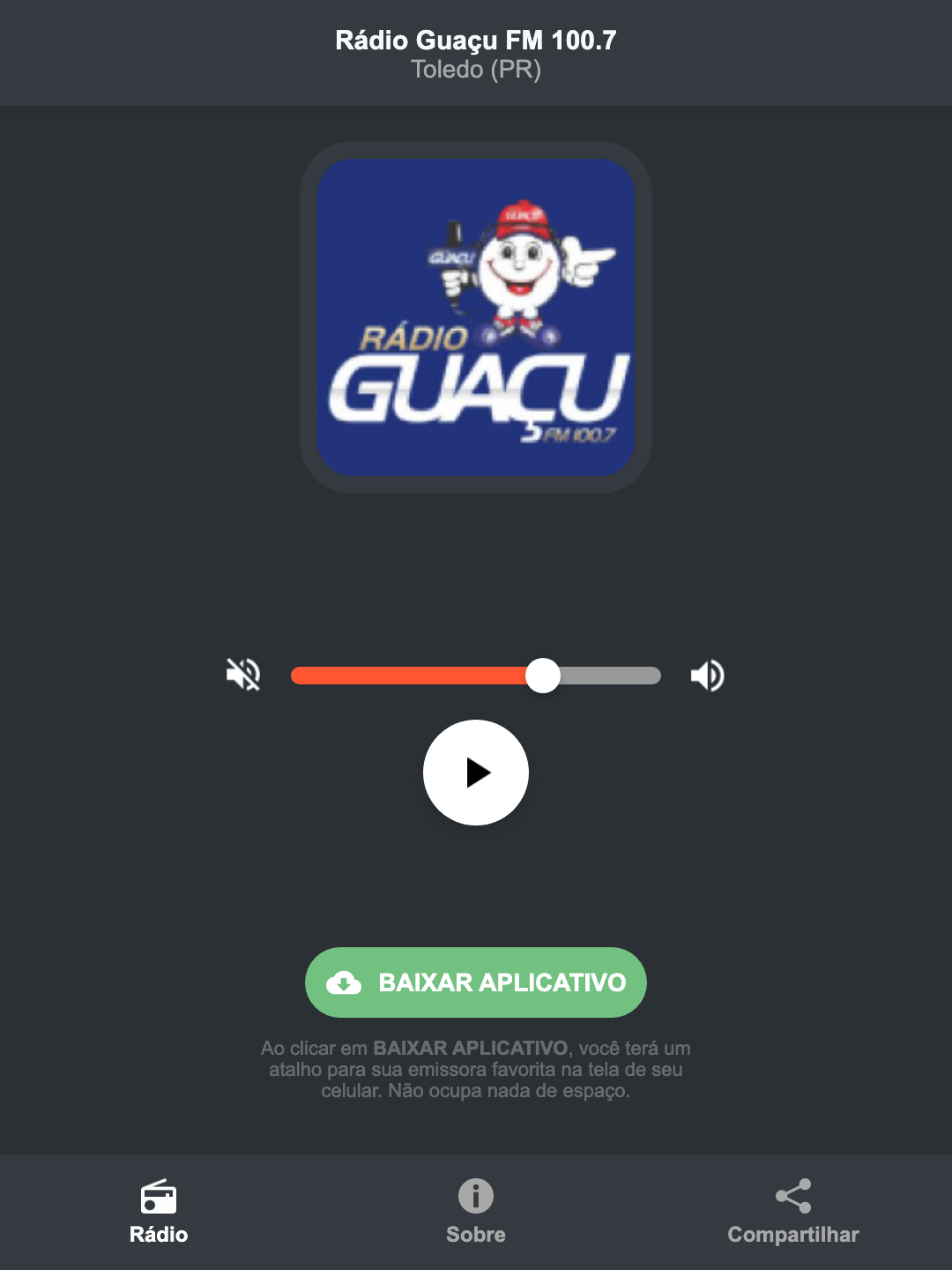Screenshot do aplicativo da Rádio Guaçu FM 100.7