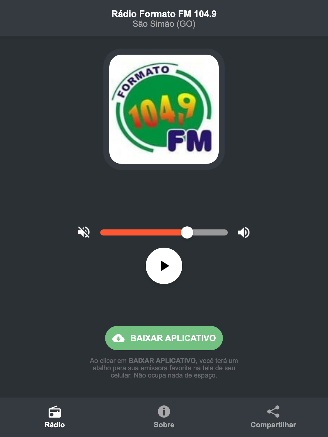 Screenshot do aplicativo da Rádio Formato FM 104.9