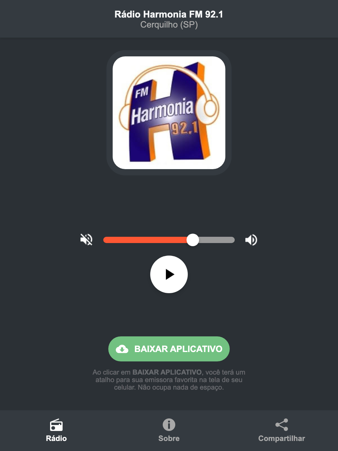 Screenshot do aplicativo da Rádio Harmonia FM 92.1