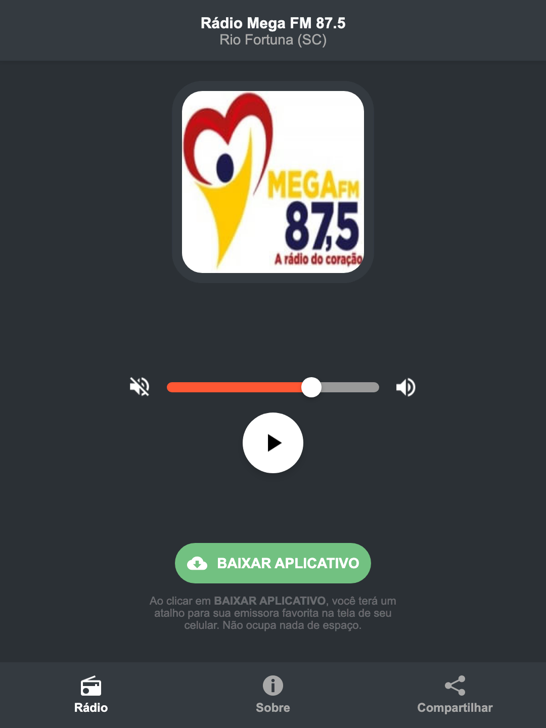 Screenshot do aplicativo da Rádio Mega FM 87.5