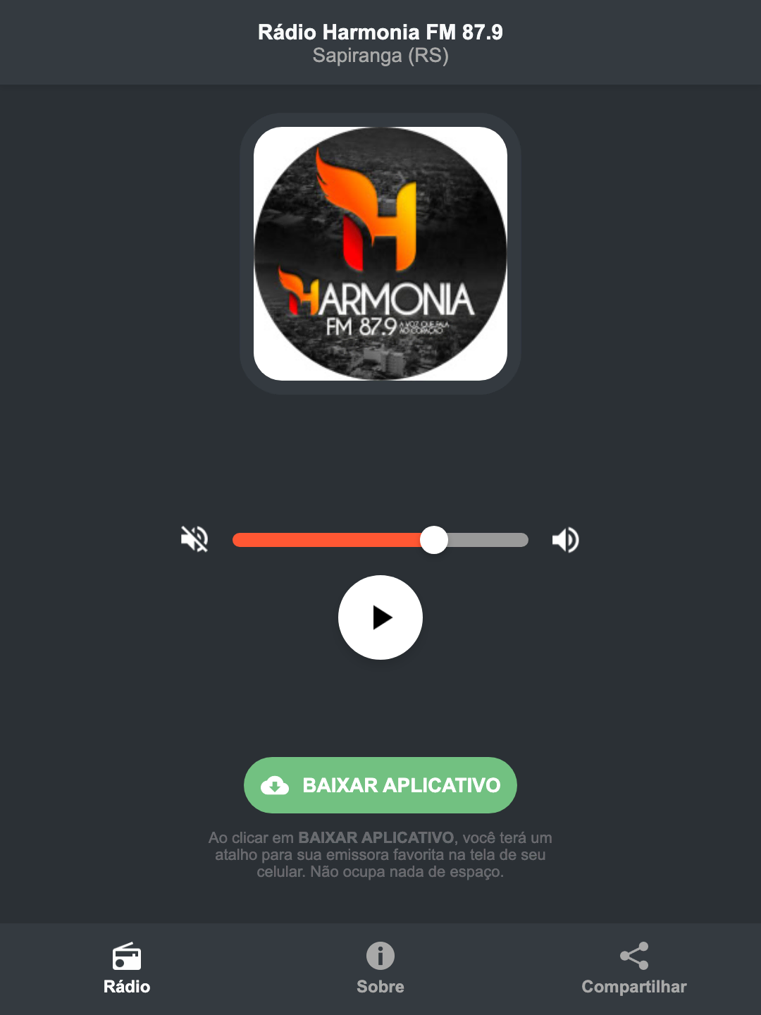 Screenshot do aplicativo da Rádio Harmonia FM 87.9