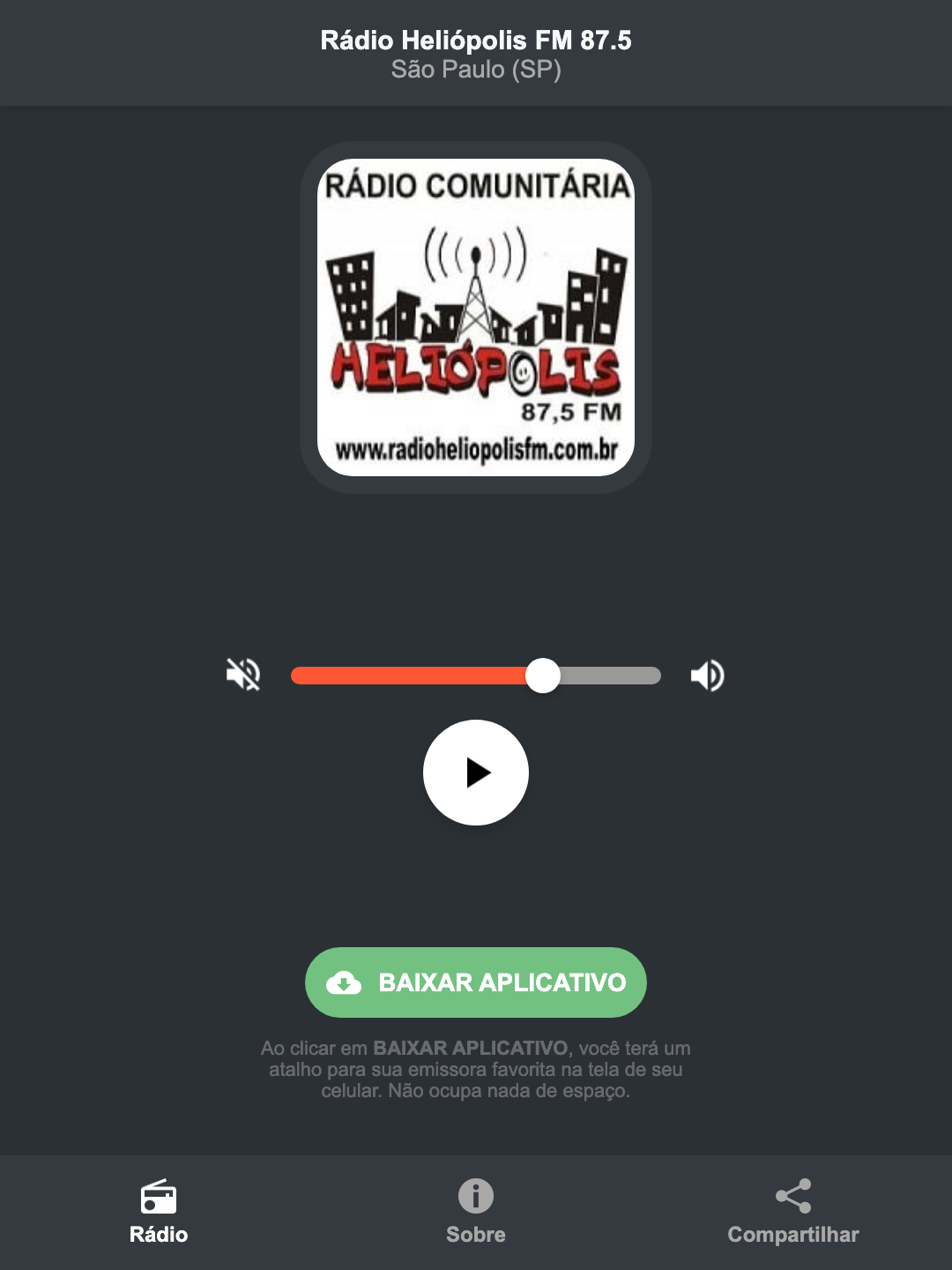 Screenshot do aplicativo da Rádio Heliópolis FM 87.5