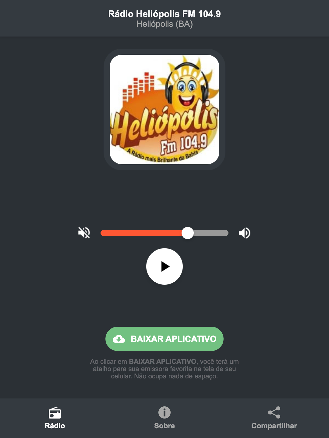 Screenshot do aplicativo da Rádio Heliópolis FM 104.9