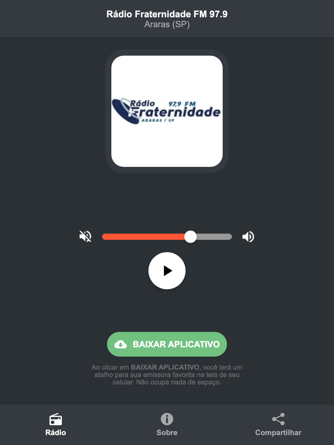 Screenshot do aplicativo da Rádio Fraternidade FM 97.9