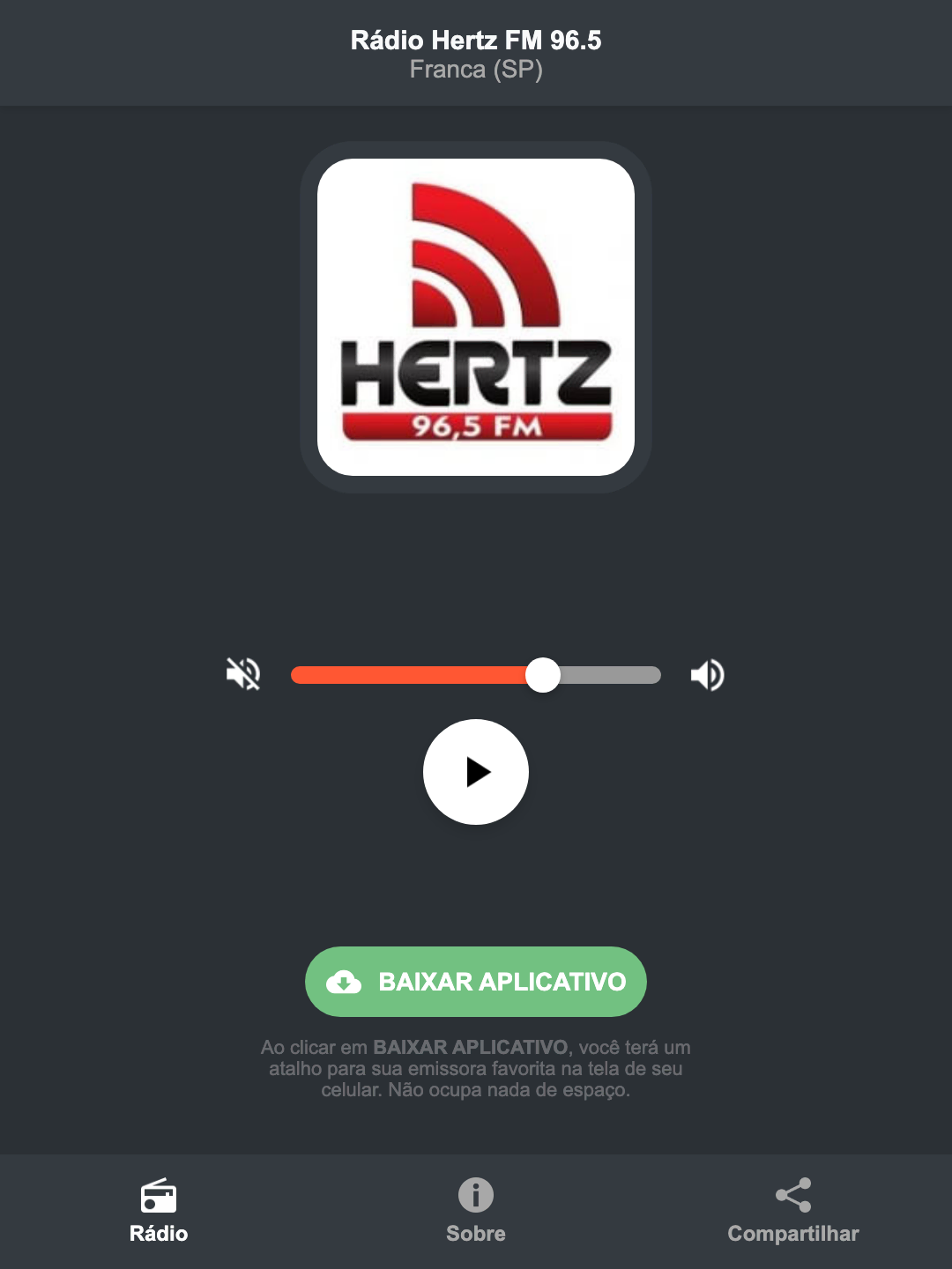 Screenshot do aplicativo da Rádio Hertz FM 96.5