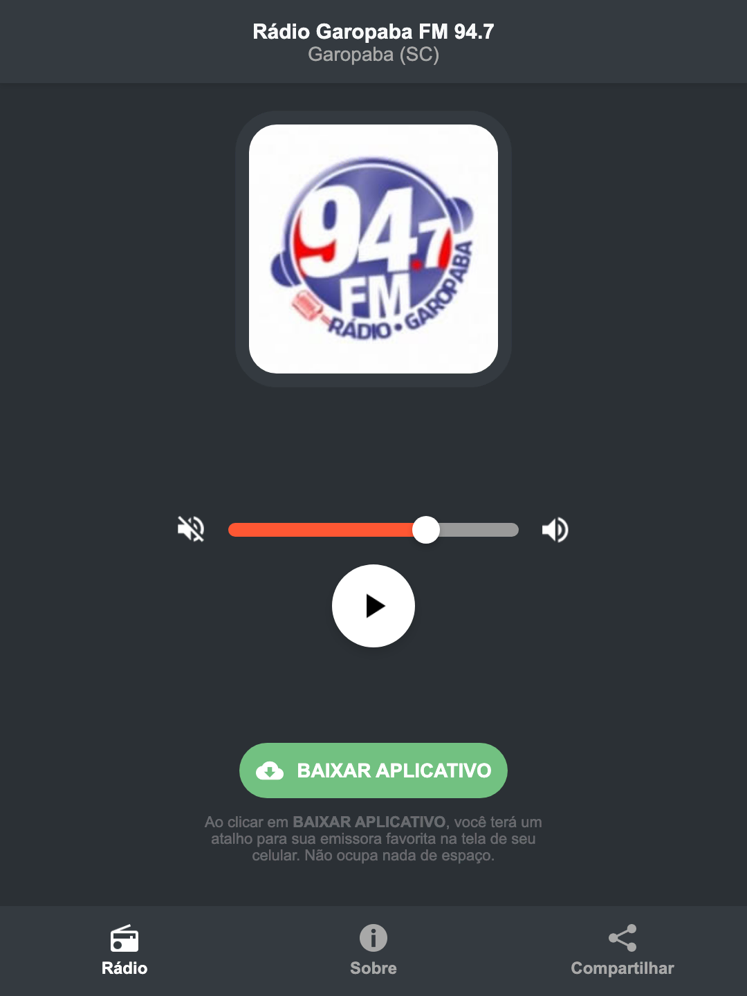 Screenshot do aplicativo da Rádio Garopaba FM 94.7