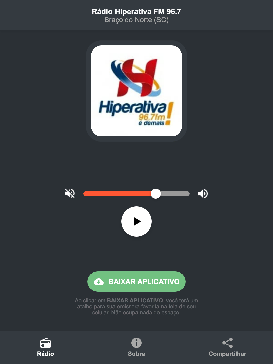 Screenshot do aplicativo da Rádio Hiperativa FM 96.7