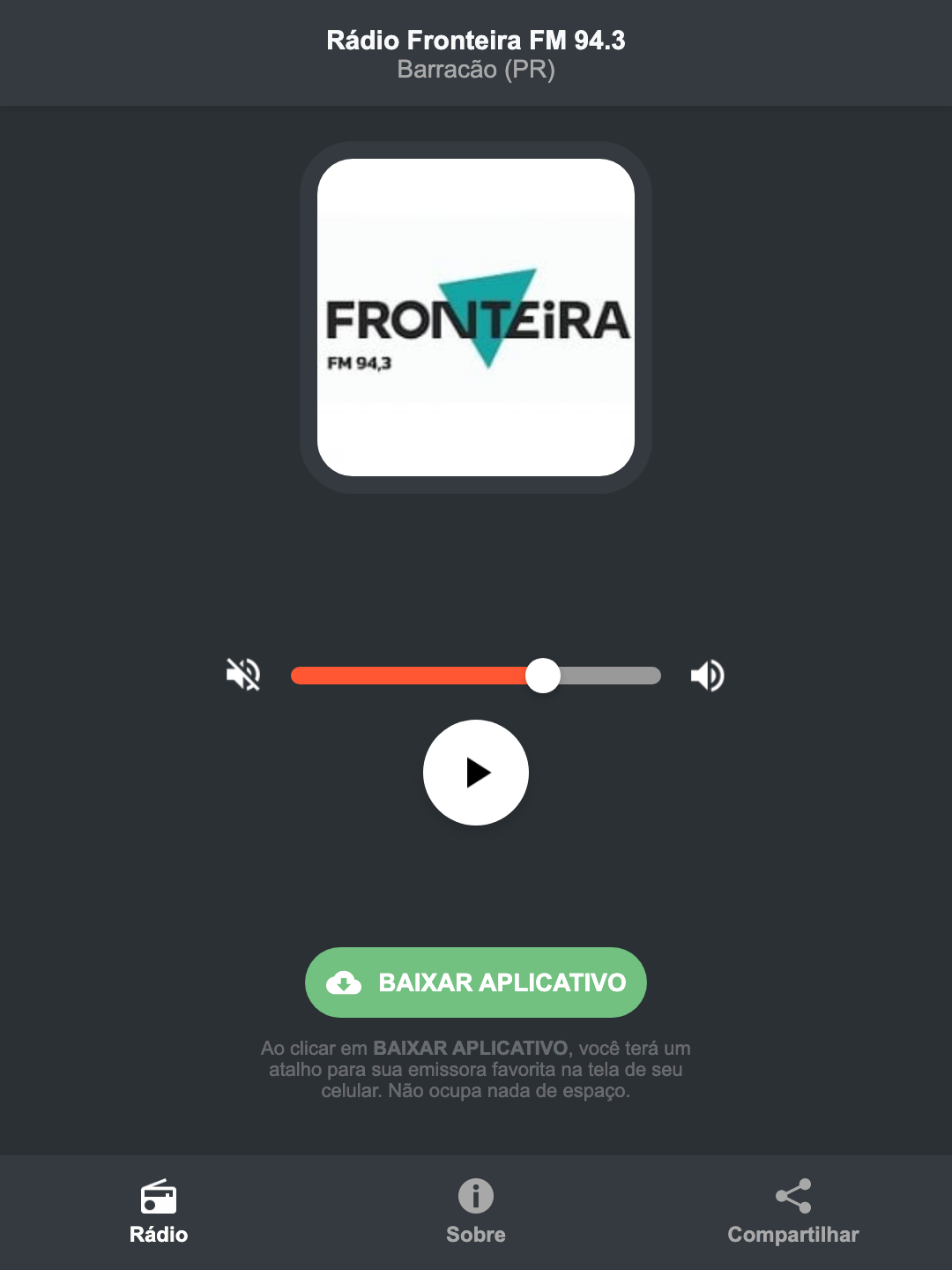 Screenshot do aplicativo da Rádio Fronteira FM 94.3