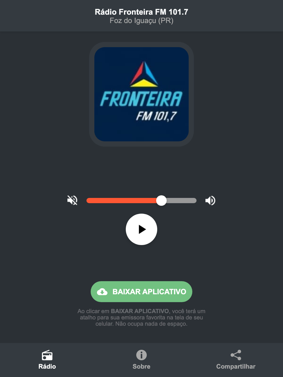 Screenshot do aplicativo da Rádio Fronteira FM 101.7