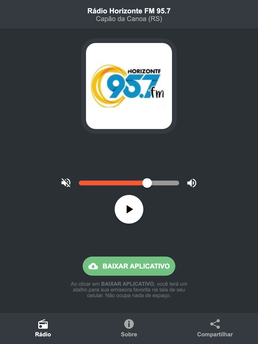 Screenshot do aplicativo da Rádio Horizonte FM 95.7