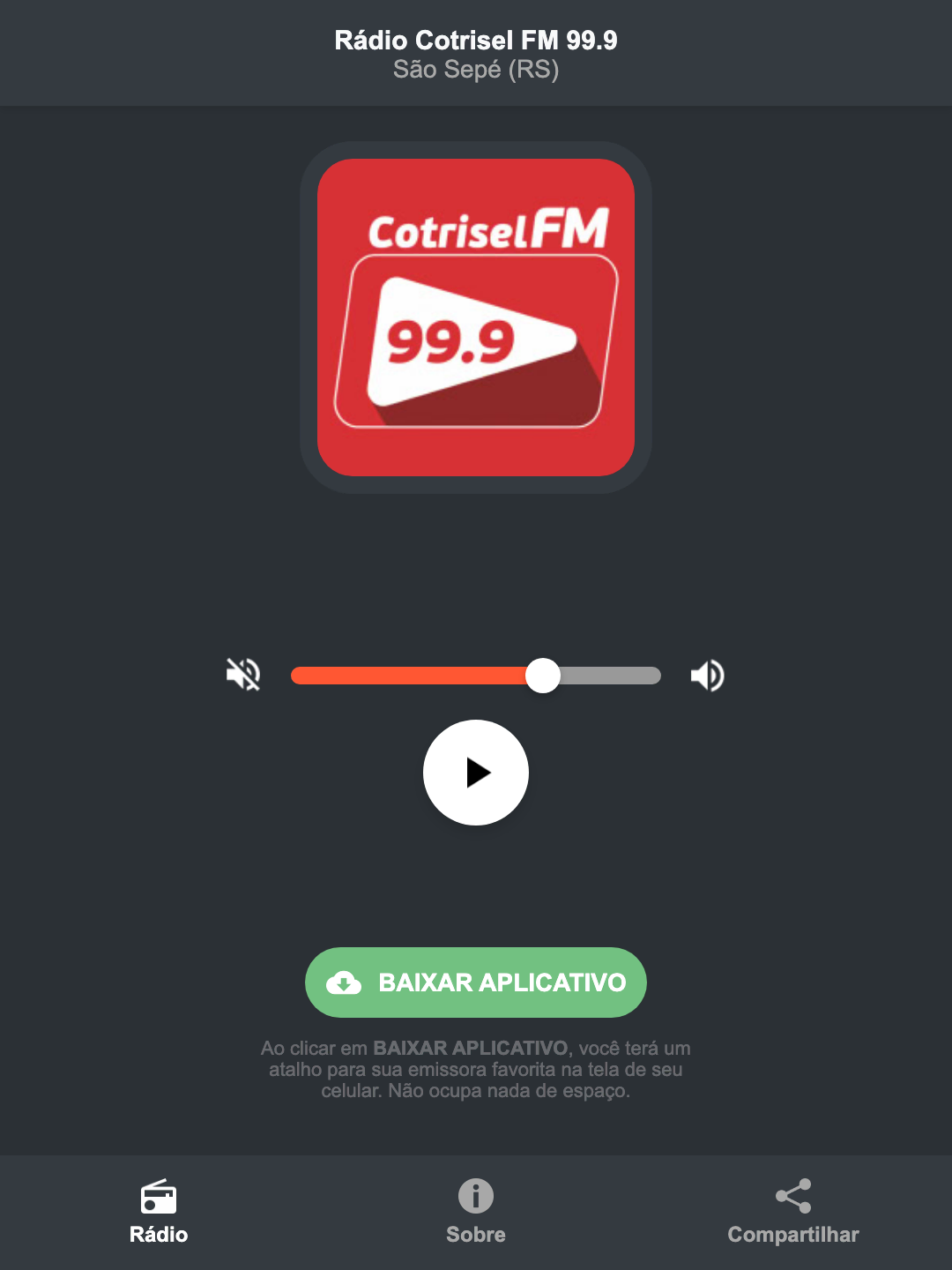 Screenshot do aplicativo da Rádio Cotrisel FM 99.9