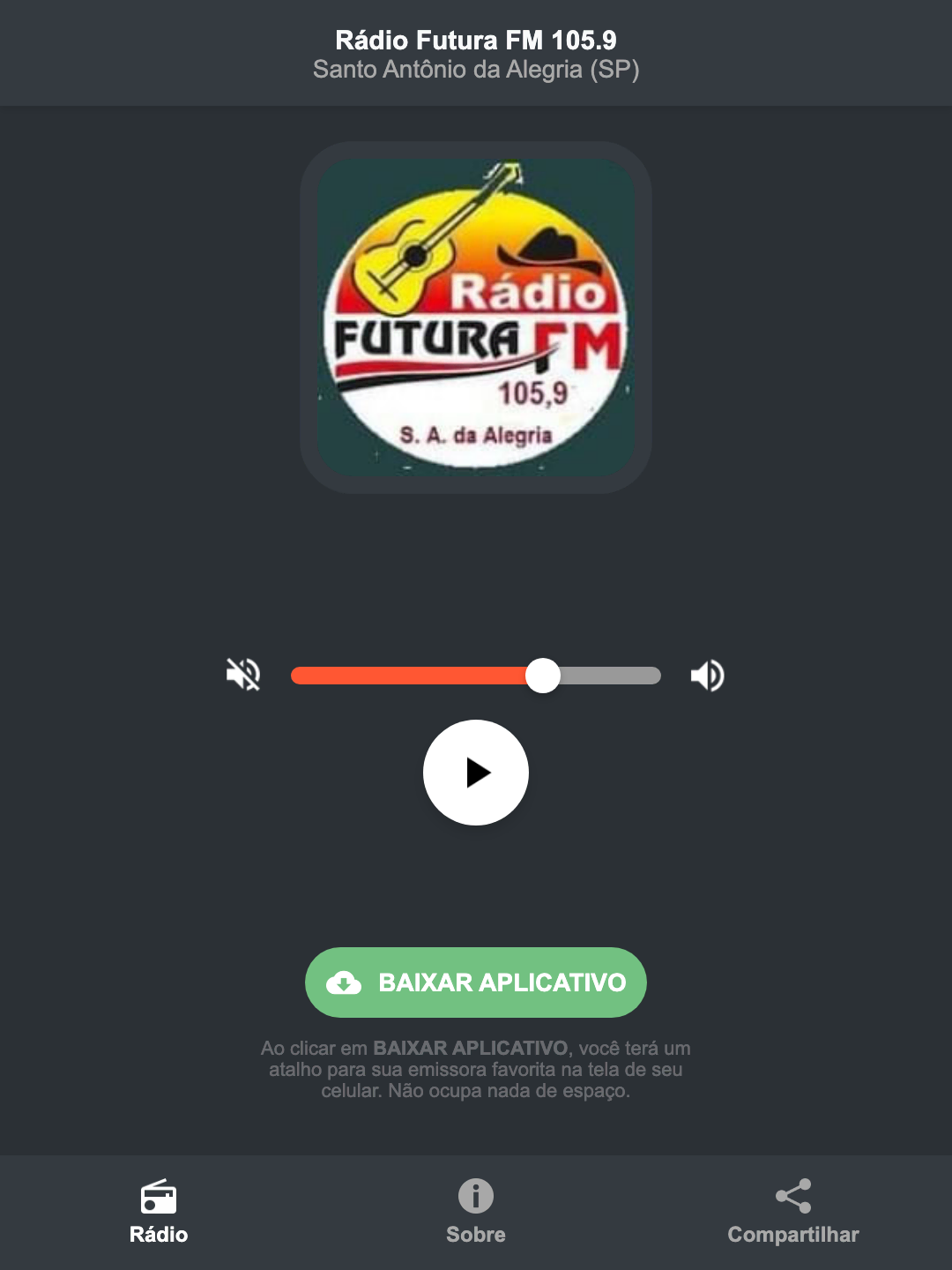 Screenshot do aplicativo da Rádio Futura FM 105.9