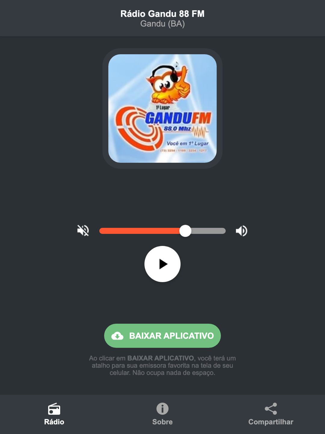 Screenshot do aplicativo da Rádio Gandu 88 FM