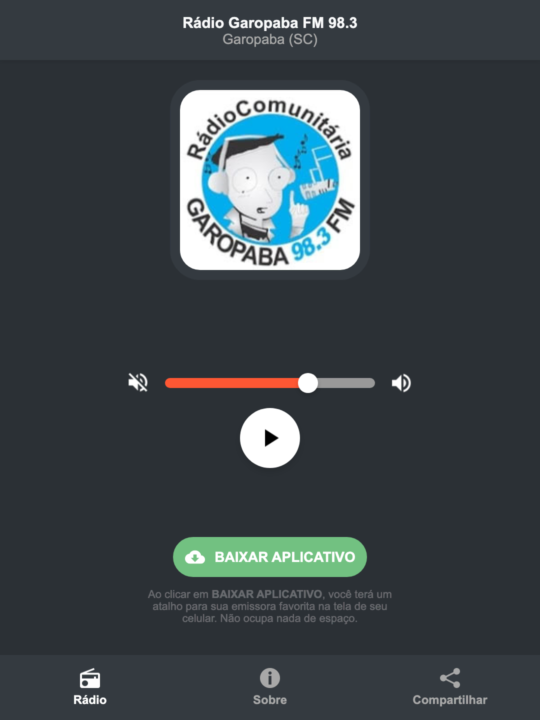 Screenshot do aplicativo da Rádio Garopaba FM 98.3