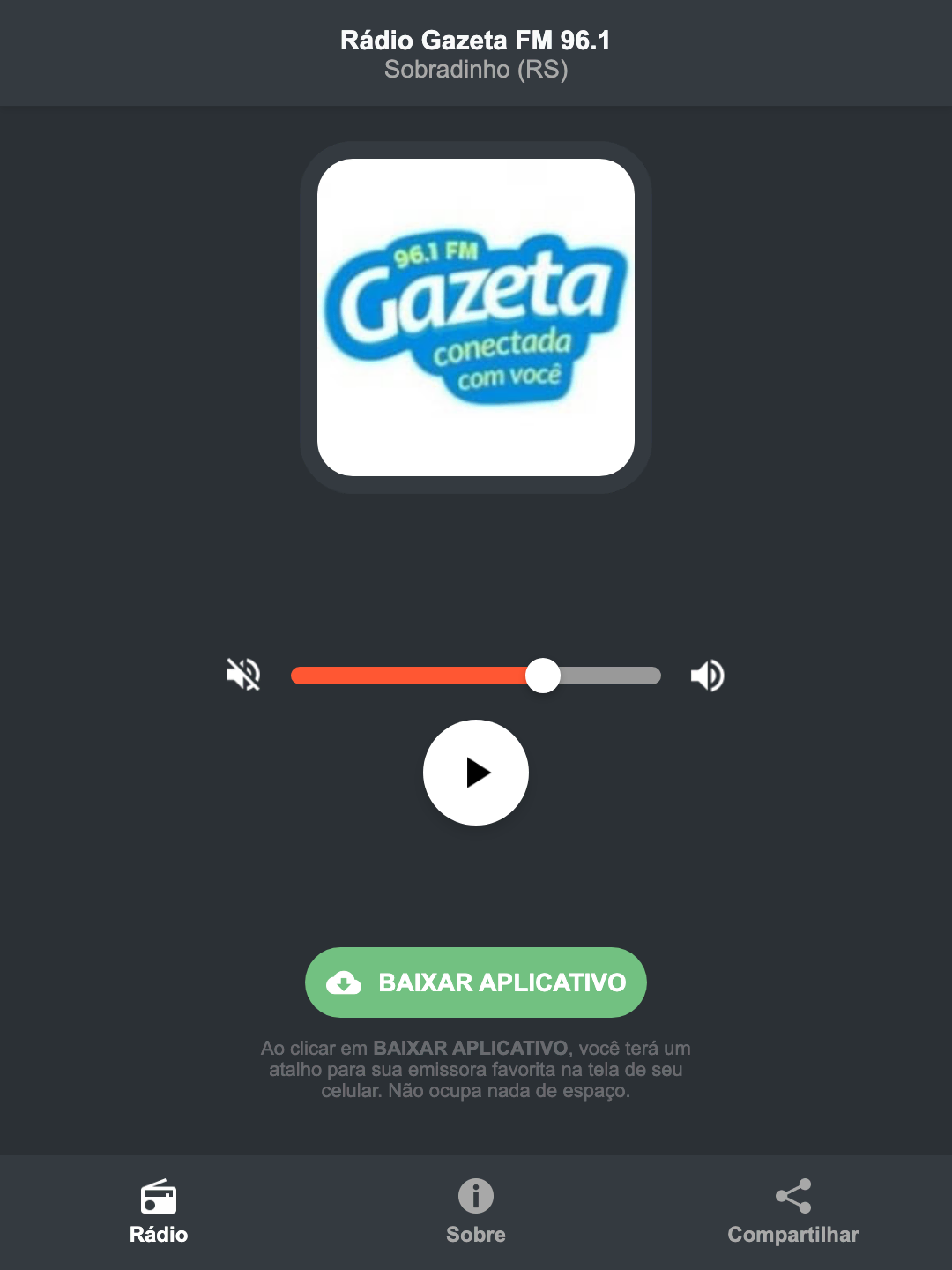 Screenshot do aplicativo da Rádio Gazeta FM 96.1
