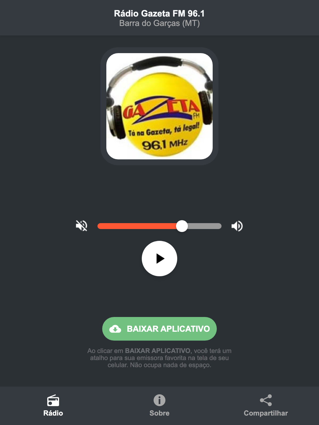Screenshot do aplicativo da Rádio Gazeta FM 96.1