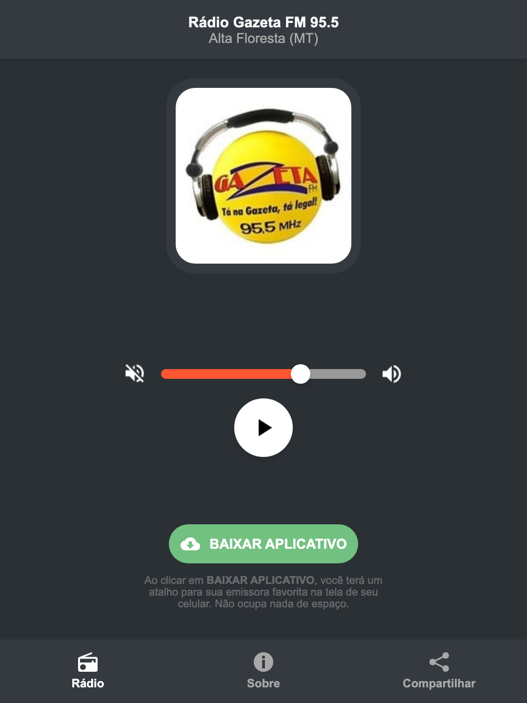 Screenshot do aplicativo da Rádio Gazeta FM 95.5