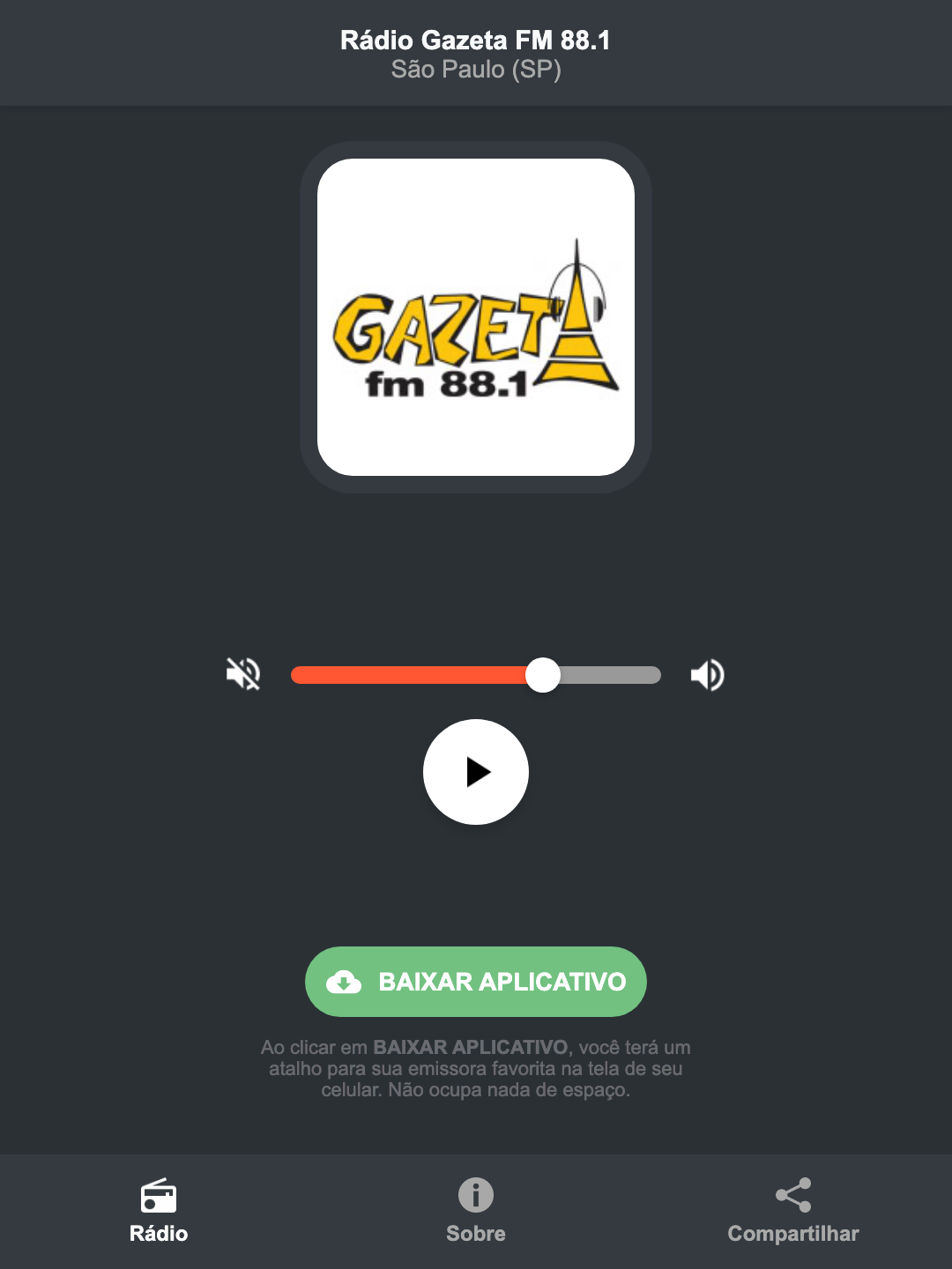 Screenshot do aplicativo da Rádio Gazeta FM 88.1