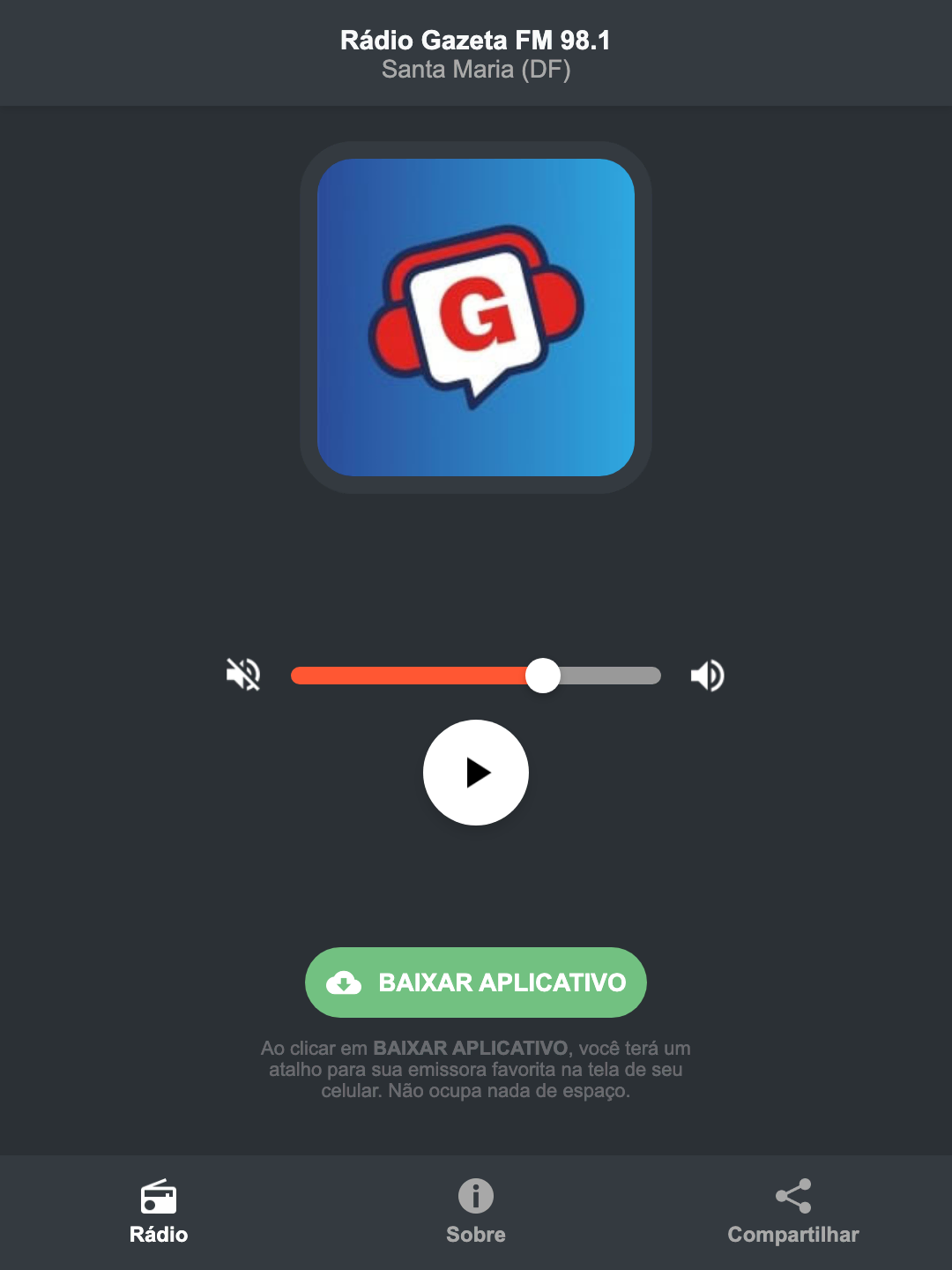 Screenshot do aplicativo da Rádio Gazeta FM 98.1