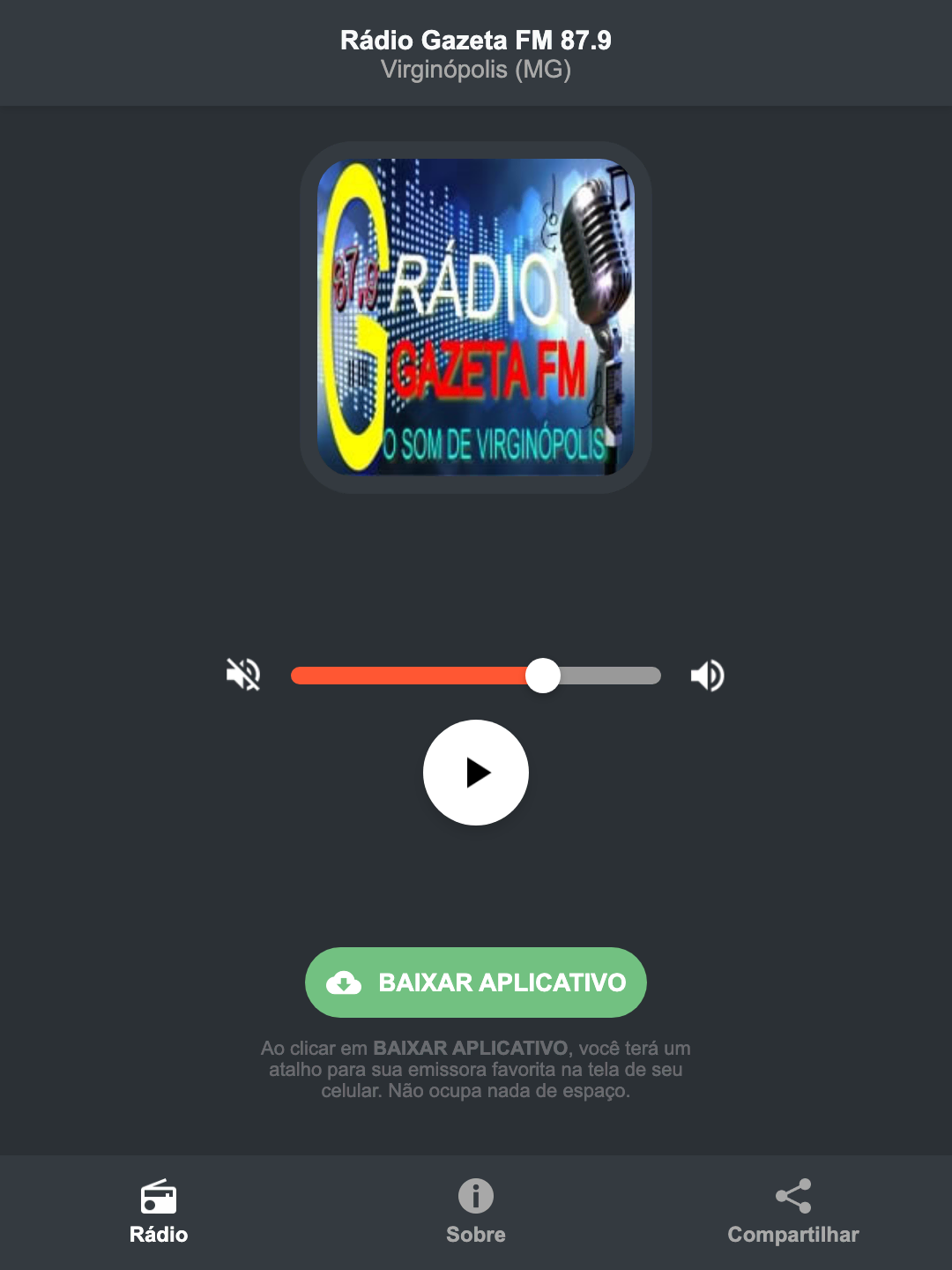 Screenshot do aplicativo da Rádio Gazeta FM 87.9