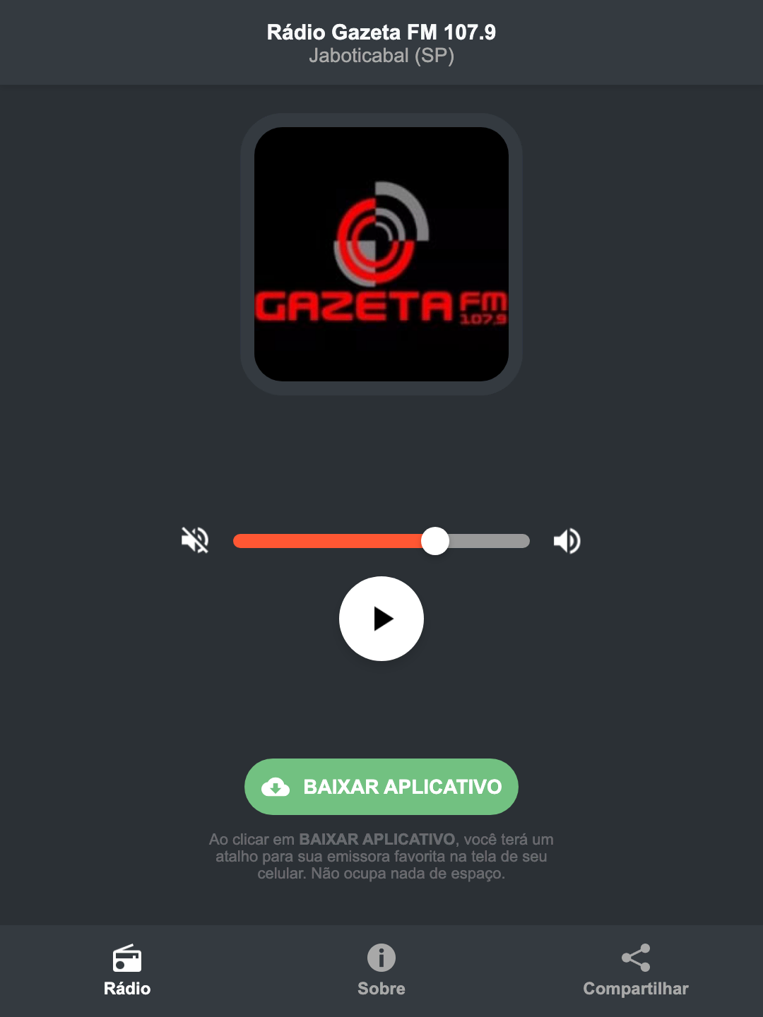 Screenshot do aplicativo da Rádio Gazeta FM 107.9