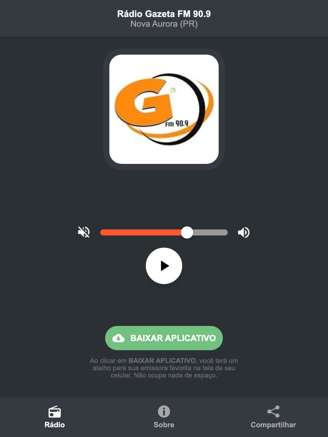 Screenshot do aplicativo da Rádio Gazeta FM 90.9