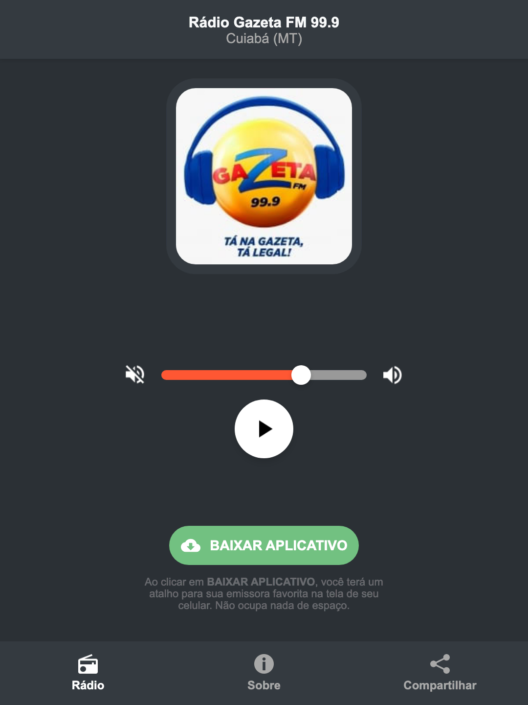 Screenshot do aplicativo da Rádio Gazeta FM 99.9