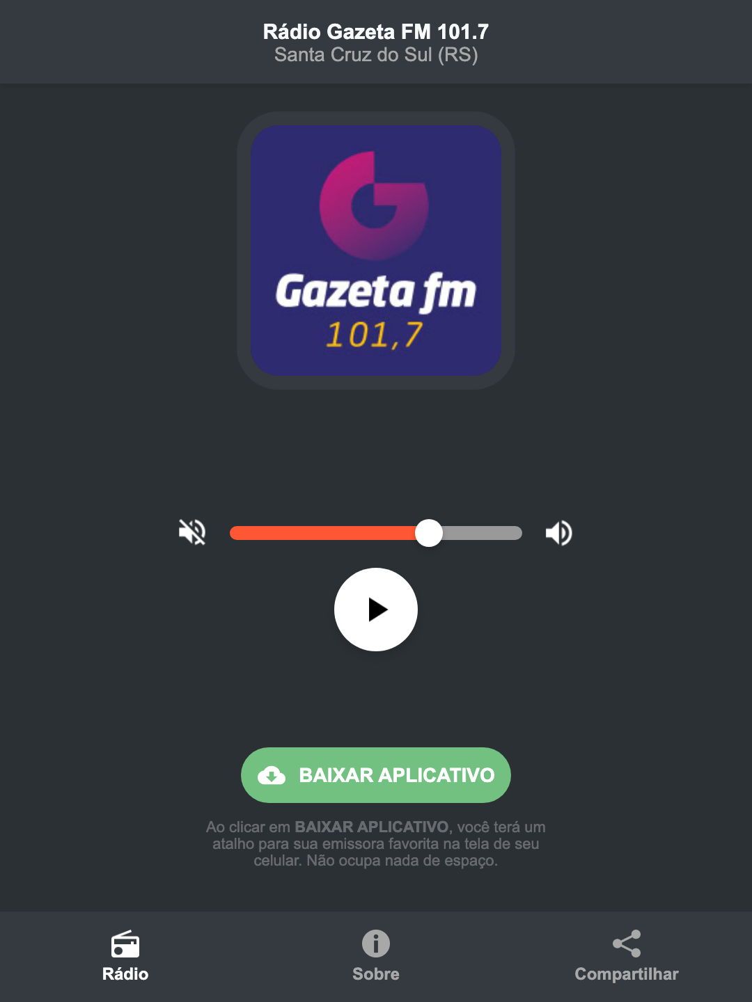 Screenshot do aplicativo da Rádio Gazeta FM 101.7