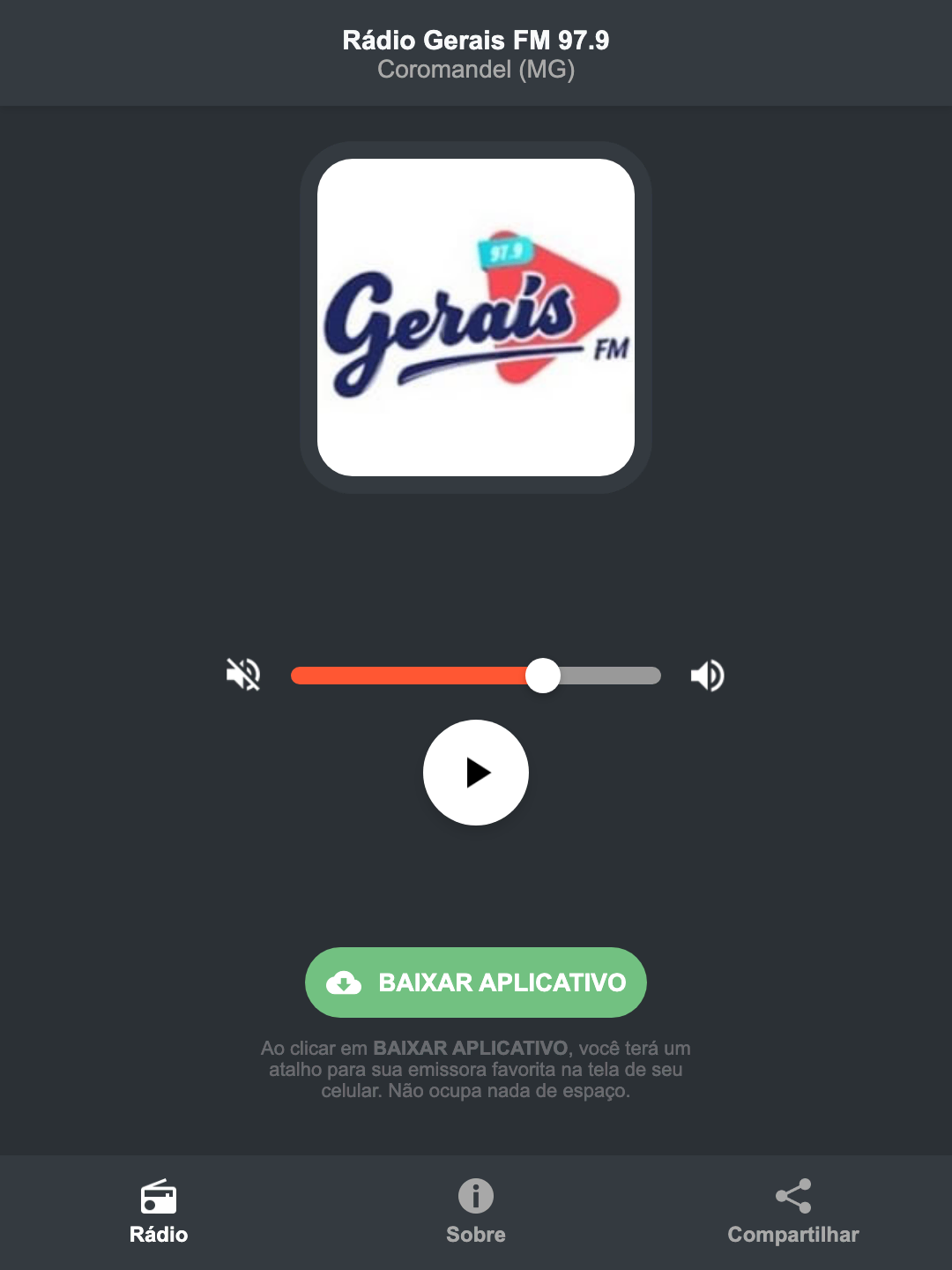 Screenshot do aplicativo da Rádio Gerais FM 97.9