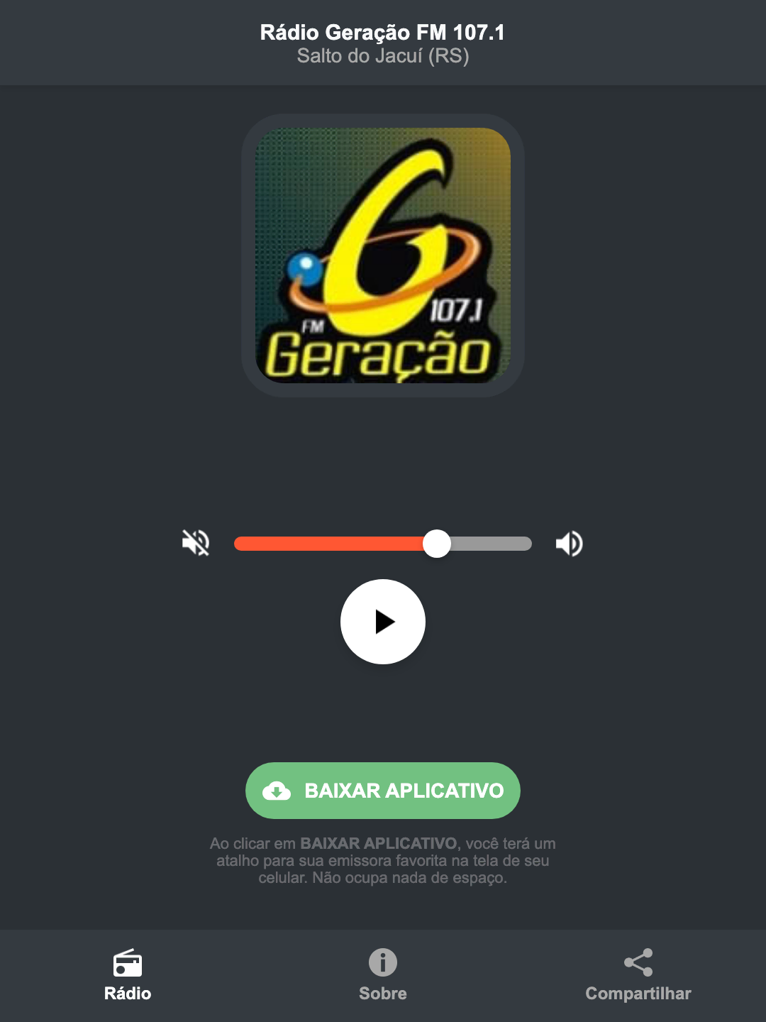 Screenshot do aplicativo da Rádio Geração FM 107.1