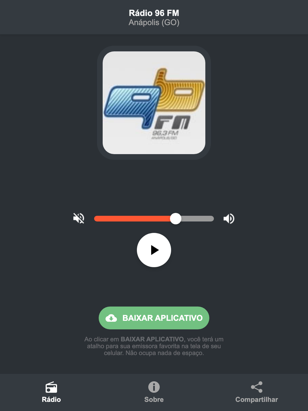 Screenshot do aplicativo da Rádio 96 FM