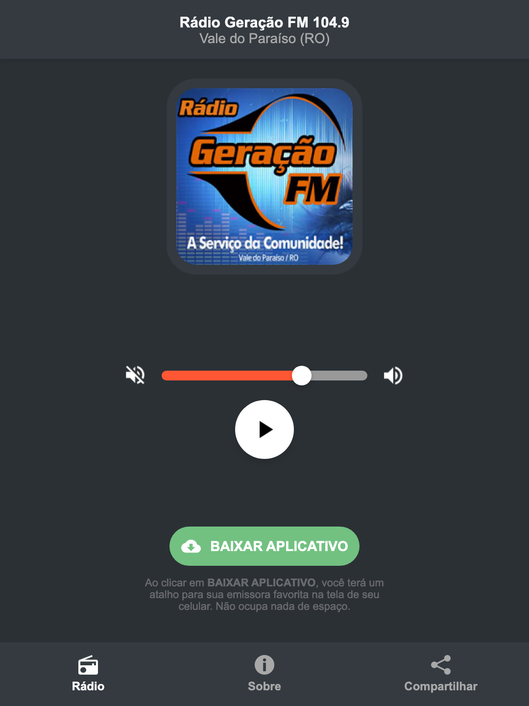 Screenshot do aplicativo da Rádio Geração FM 104.9