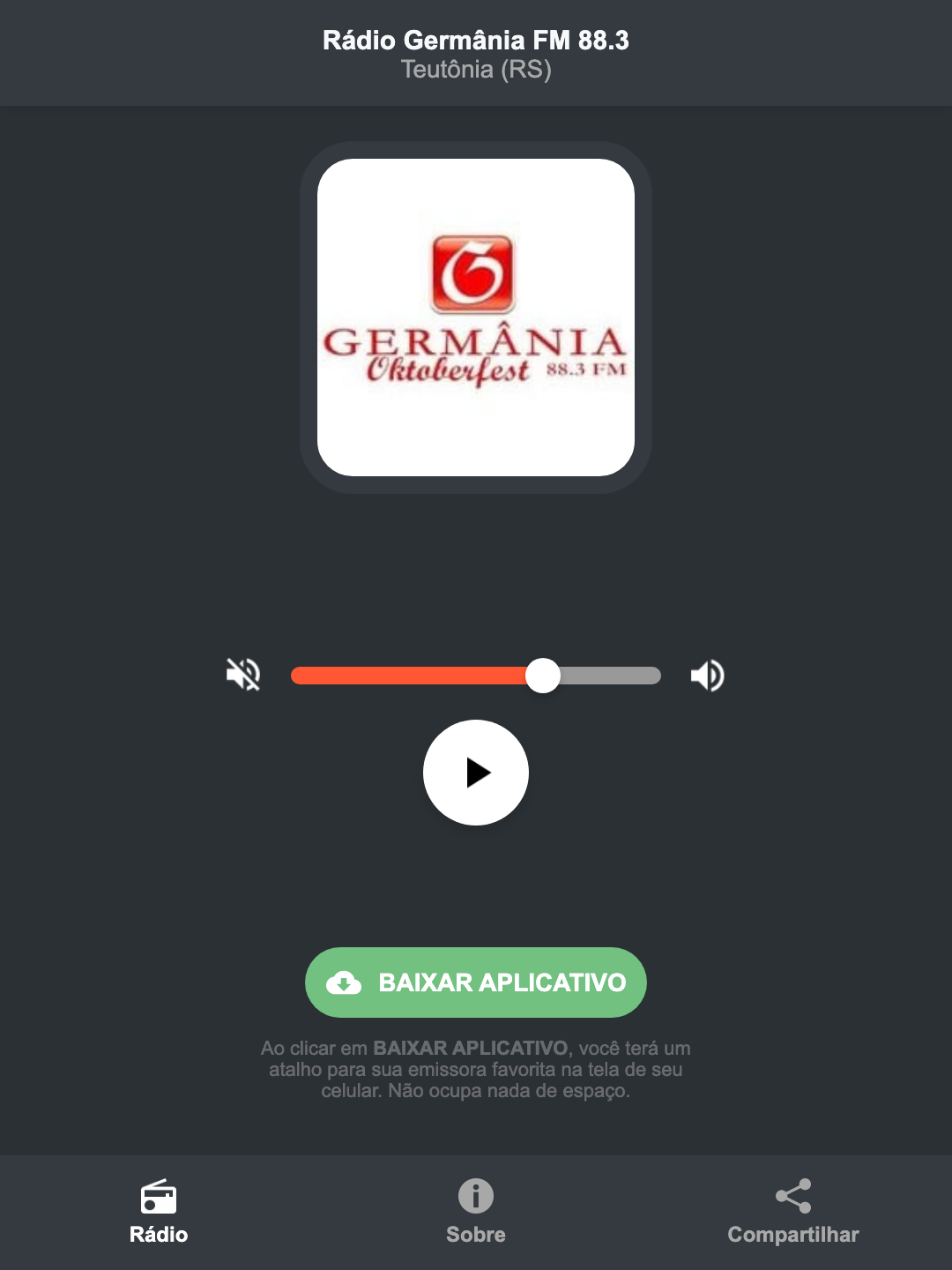 Screenshot do aplicativo da Rádio Germânia FM 88.3