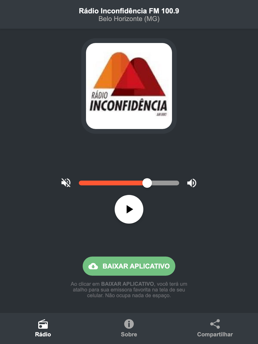 Screenshot do aplicativo da Rádio Inconfidência FM 100.9