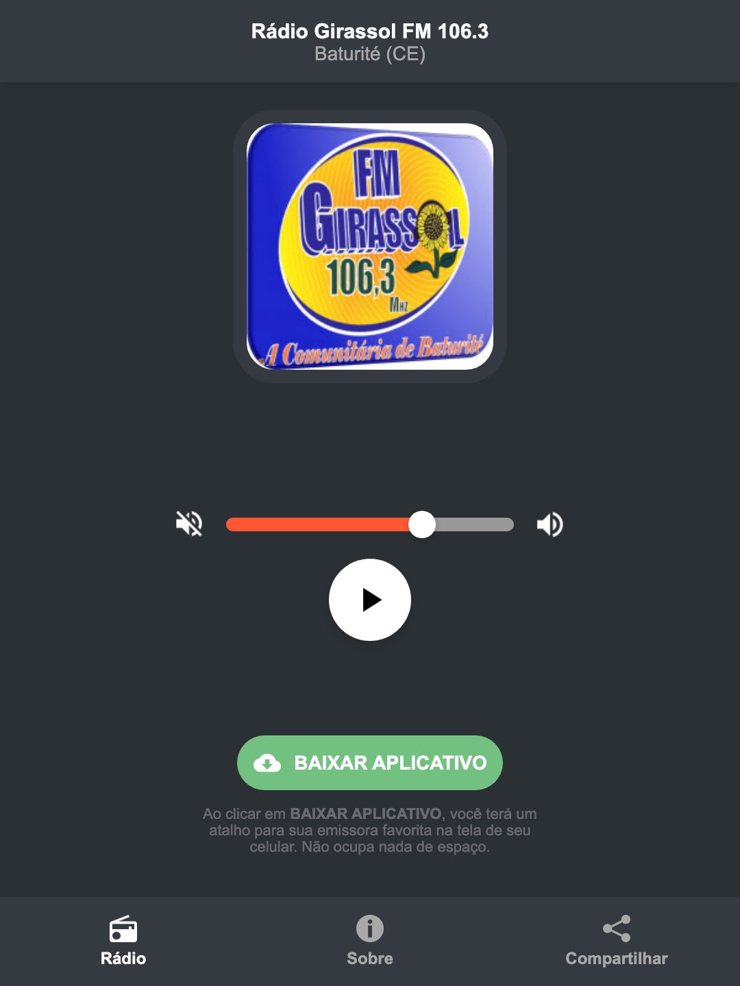Screenshot do aplicativo da Rádio Girassol FM 106.3