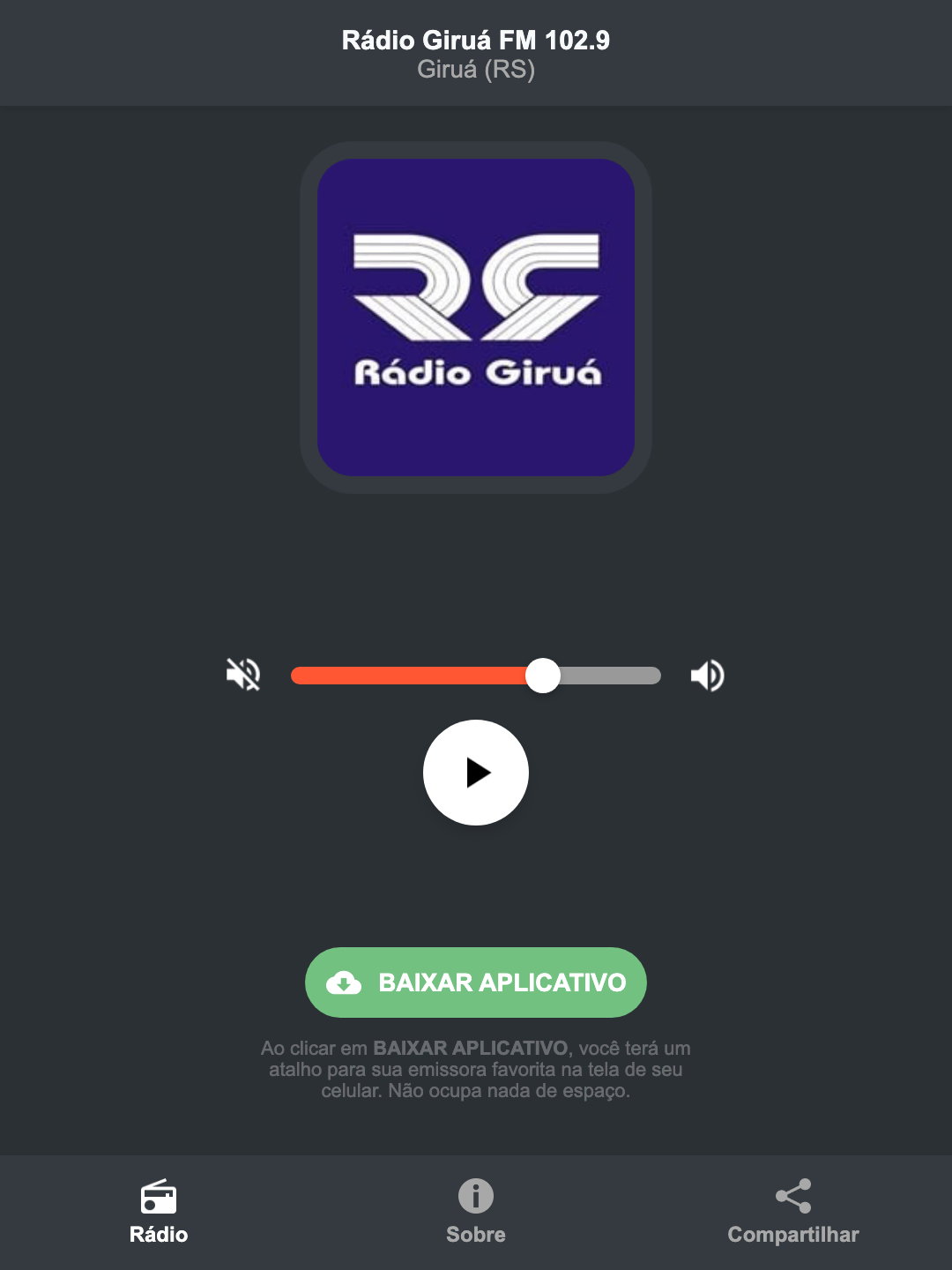 Screenshot do aplicativo da Rádio Giruá FM 102.9