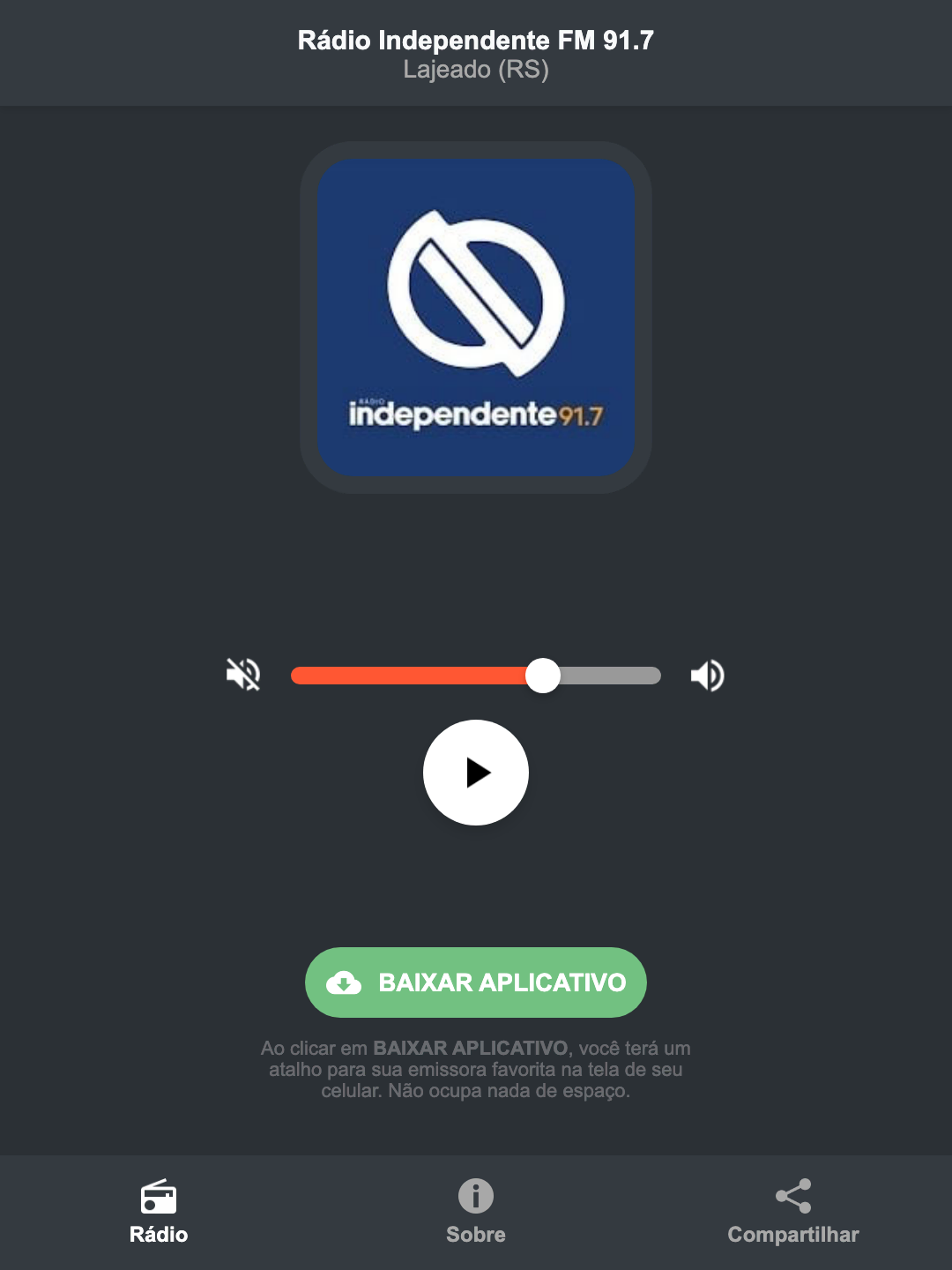 Screenshot do aplicativo da Rádio Independente FM 91.7