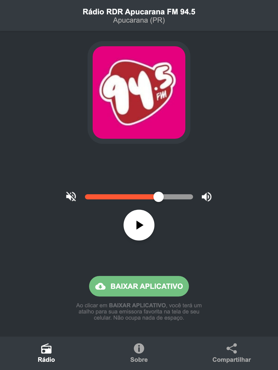 Screenshot do aplicativo da Rádio RDR Apucarana FM 94.5