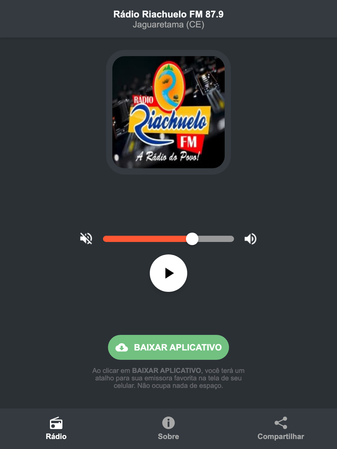 Screenshot do aplicativo da Rádio Riachuelo FM 87.9
