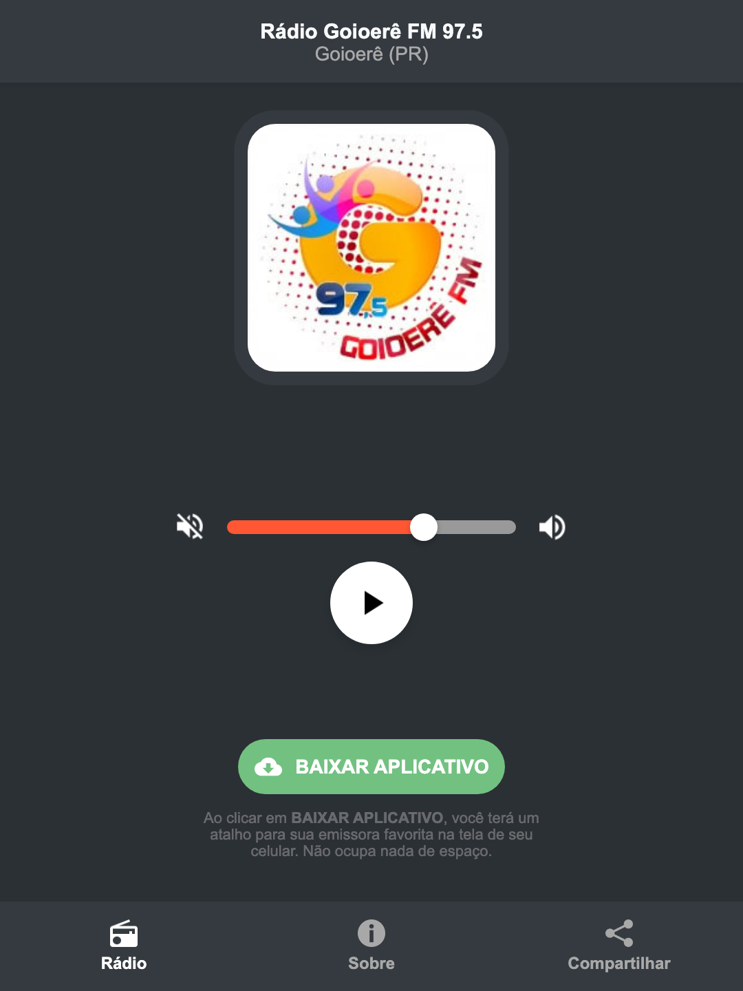 Screenshot do aplicativo da Rádio Goioerê FM 97.5